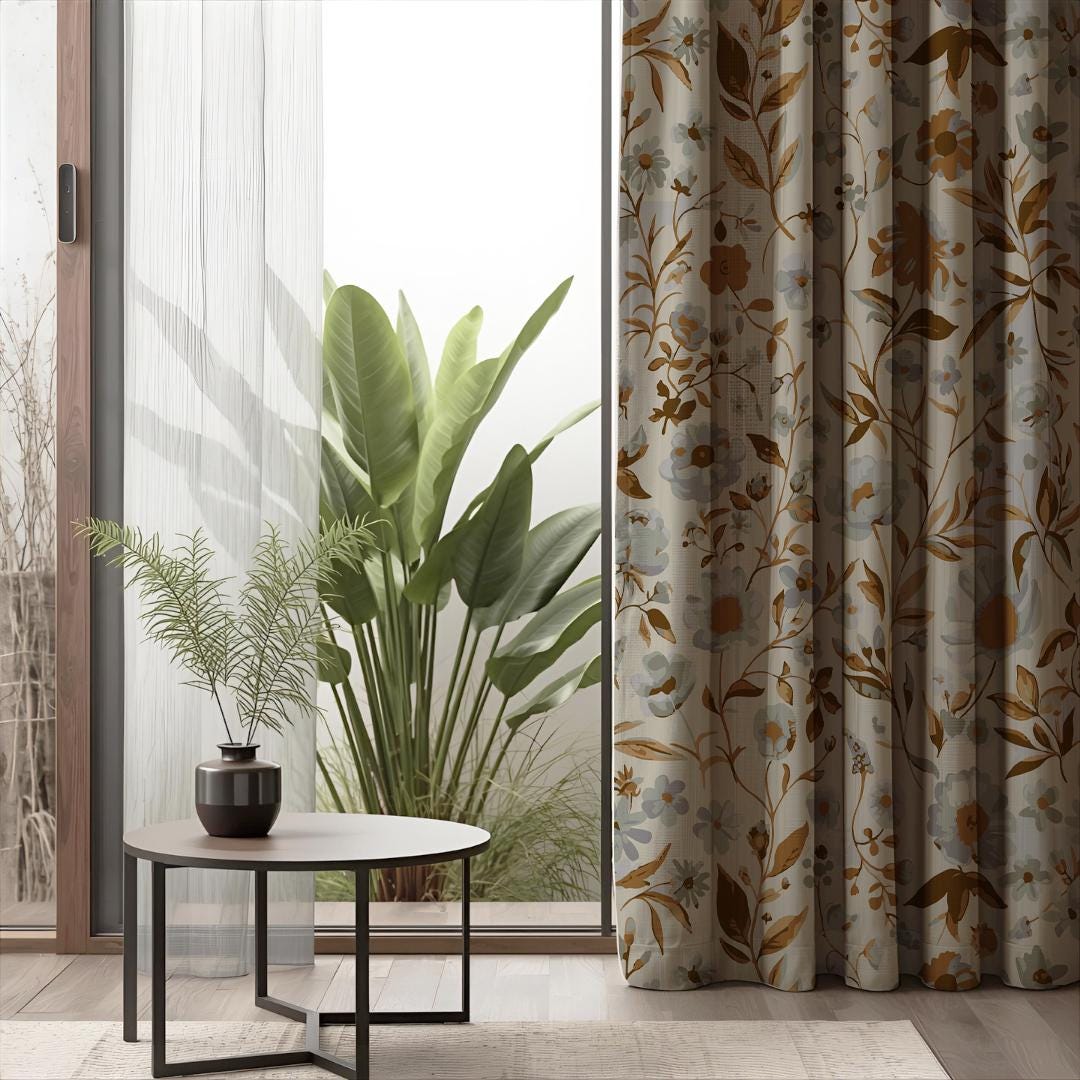 Earthy Window Screen Neutral Floral Curtains, Light Blue and Brown Botanical Drapes, Boho ...
