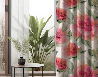 Floral Curtain Panels, Pink Flower Window Curtains, Botanical Living Room Drapes, Modern Boho Home Decor, Custom Size