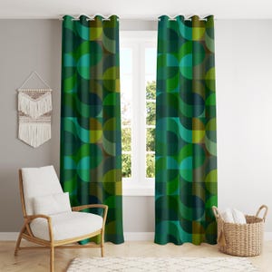 Teal Green and Brown Curtains, Abstract Circles Pattern Drapes, Mid Century Modern Decor, Retro Window Treatments, Living Room Curtains