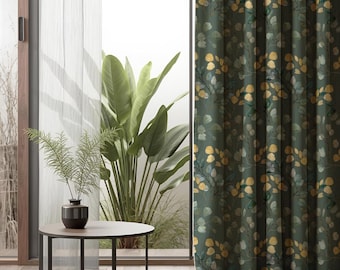 Dunkelgrüne Vorhänge, stimmungsvolle Vorhänge mit botanischem Blattdruck, Boho-Tüllenpaneele, erdige Farbtöne, waldgrünes Fenster, Verdunkelung