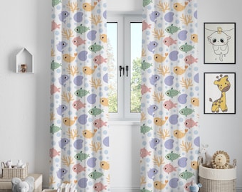 Under the Sea Nursery Curtains, Cute Fish & Coral Print , Ocean Theme Kids Room Window Panels,  Baby Room Sea Life Decor, Blackout Option