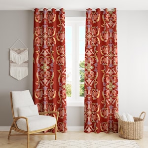 Red Floral Pattern Curtains, Bold Home Decor, Bohemian Chic Drapes, Unique Textured Window Panels, Grommet Top Curtains