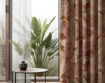 Beige and Dusty Rose Floral Curtains, Boho Grommet Drapes, Modern Farmhouse Window Panels, Earthy Tones Botanical Decor, Cottagecore