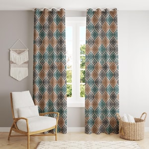 Ogee Pattern Curtains: Teal Brown Geometric Drapes, Mid-Century Modern Style