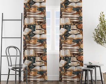 Cortinas de Dark Academia: Impresión de libros y café, decoración de biblioteca vintage