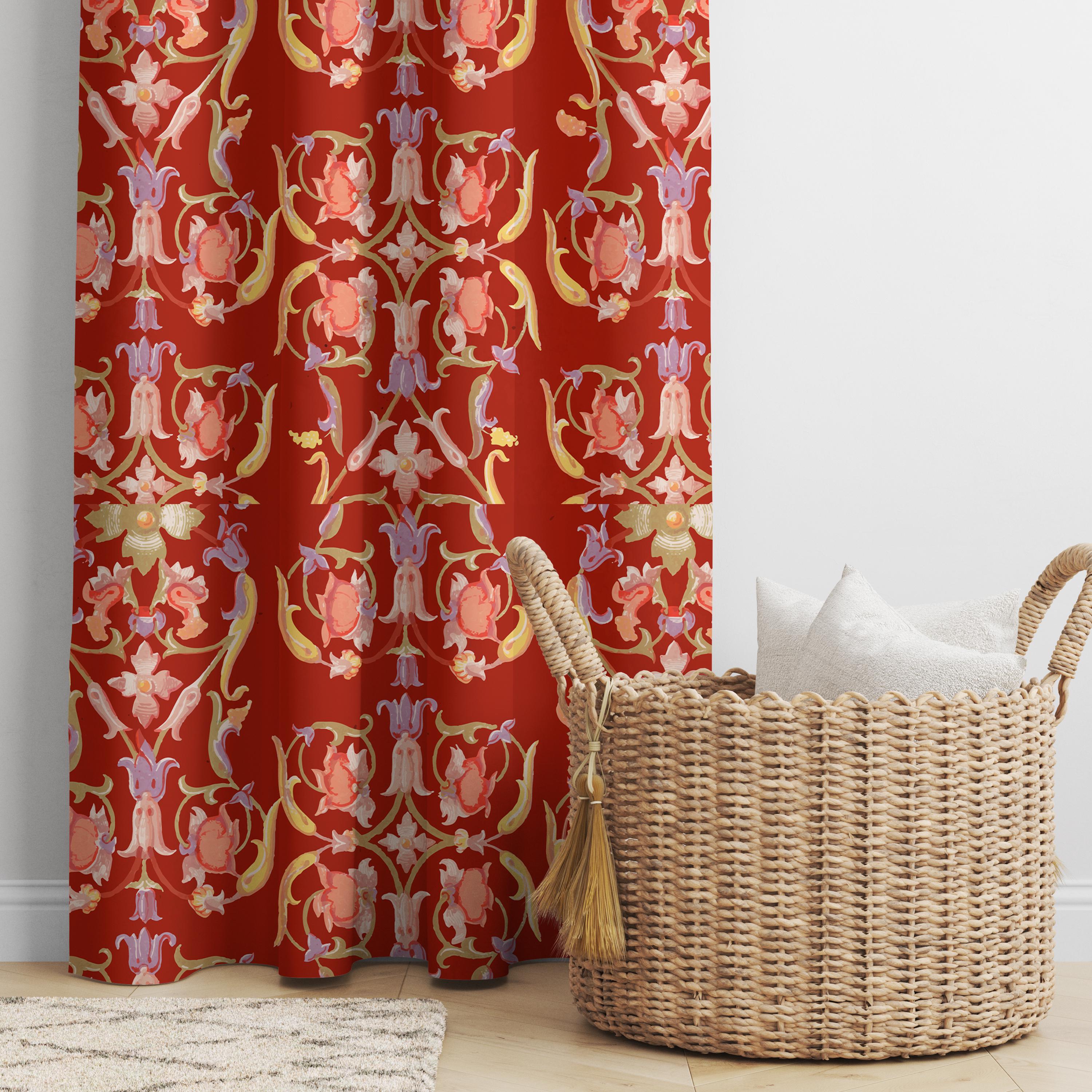 ボヘミアン風の赤い模様のカーテン：ヴィンテージスタイルのグロメット