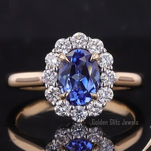Oval Cut Blue Sapphire Halo Engagement Ring, Oval Sapphire Moissanite Wedding Ring, Floral Vintage Blue Sapphire Ring, September Birthstone