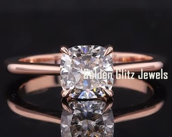 1.2ct Cushion Cut Moissanite Solitaire Ring: 14k Yellow Gold, Low Profile