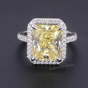 5ct Canary Yellow Radiant Cut CZ Diamond Engagement Ring, Halo Radiant Cut Wedding Ring, Claw Prong, Anniversary Ring, Ring For Women, Gifts