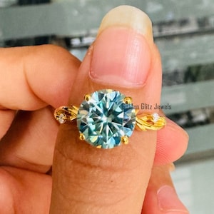Classic 2.68 CT Round Cut Cyan Blue Moissanite Engagement Ring, Solitaire Ring, Twisted Wedding Band, Anniversary Gift For Her, Bridal