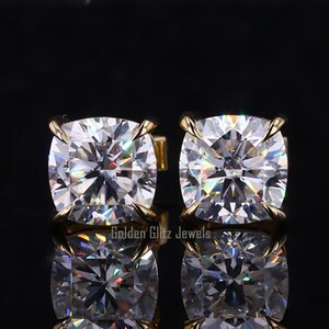 Cushion Cut Moissanite Stud Earrings: Solid Gold Basket Setting