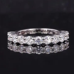 Shared Prong Half Eternity Moissanite Wedding Bands for Engagement Ring, 3mm Round Cut Colorless Moissanite Bands, Stackable Promise Rings