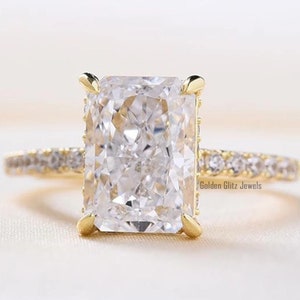 2.50 CT Radiant Cut Moissanite Engagement Ring: Hidden Halo, Solid Gold