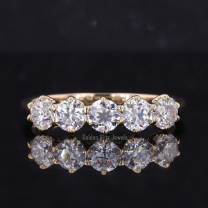 Old European Cut Moissanite Five Stone Ring: Sterling Silver Stacking Band