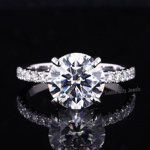 2.70 Ct Round Moissanite Engagement Ring: White Gold Pave Solitaire