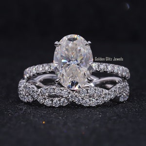 Oval Moissanite Engagement Ring Set: Halo Bridal Ring, 14k Gold Wedding Band