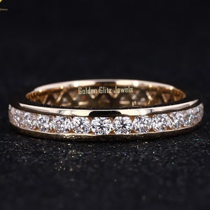 14K Channel Set Diamond Eternity Ring, 2mm Minimal Wedding Band Women, Solid Gold Vintage Stacking Ring, Engagement Ring Enhancer, Her Gifts