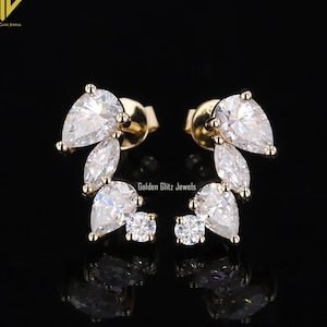 Multi shaped Moissanite stud earrings 14K Gold Cluster Wedding Earrings Marquise, Pear and Round studs Earring Climbers Stud bridal Earrings