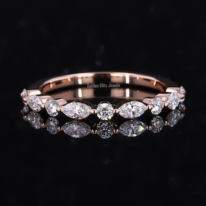 Half Eternity Wedding Band, 0.58TW Marquise & Round Colorless Moissanite Band, Alternating Moissanite Band, Stackable Band, Anniversary Gift