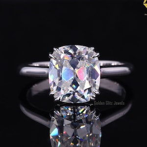 Old Mine Cushion Cut Moissanite Solitaire Ring, Cathedral Set Engagement Ring, Double Claw Prong Set Diamond Ring, Proposal Ring For Her