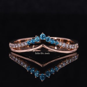 14k Gold V Sapphire Ring: Aqua Blue Moissanite Chevron Wedding Band