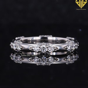 Moissanite Art Deco Wedding Band: 0.97 CT Round Cut, Stackable Anniversary Ring