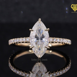 2.00 Carat Marquise Lab Grown Diamond Engagement Ring: 18k Yellow Gold Hidden Halo