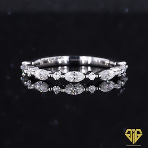 Alternating Marquise and Round Moissanite Wedding Band, 14K Eternity Band, Dainty Stackable Ring, Lab Diamond Band, Bridal Anniversary Band