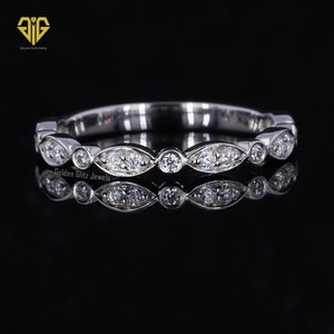 Art Deco Moissanite Wedding Band: 14k White Gold Bezel Set Ring