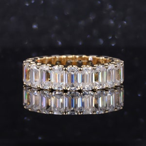Emerald Cut Moissanite Eternity Band: 14K Yellow Gold Stacking Ring