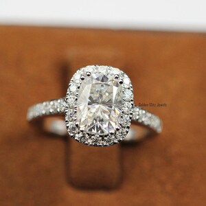 1.40ct Elongated Cushion Cut Moissanite Halo Engagement Ring - 14K White Gold