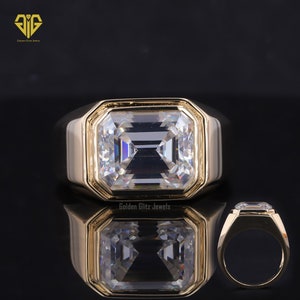 Emerald Cut Mens Engagement Ring, Full Bezel Set Moissanite Ring, Statement Ring, Wedding Ring, Anniversary Gifts for Him, Yellow Gold Ring