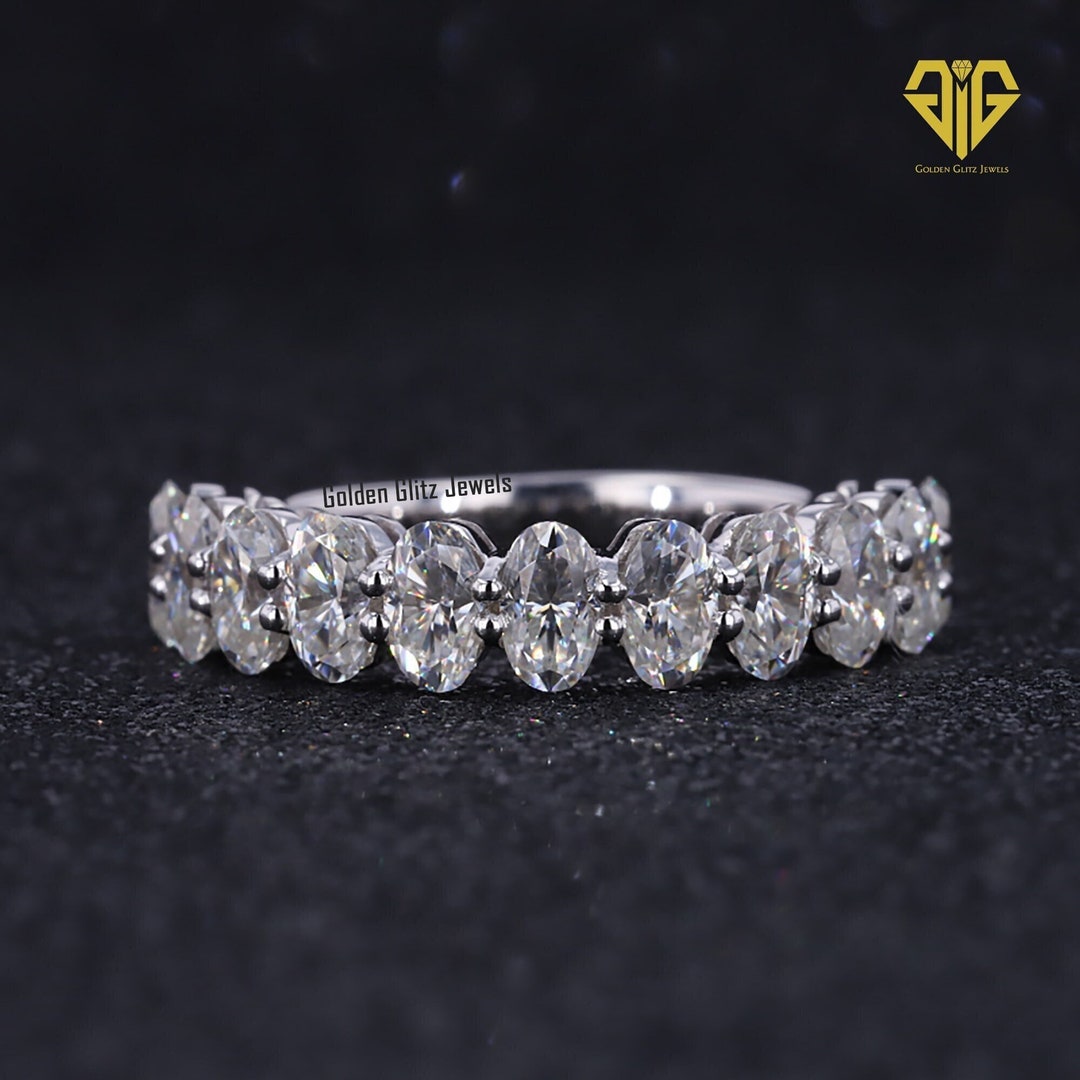 Oval Moissanite Engagement Band: 14K Gold Half Eternity Wedding Ring - Etsy