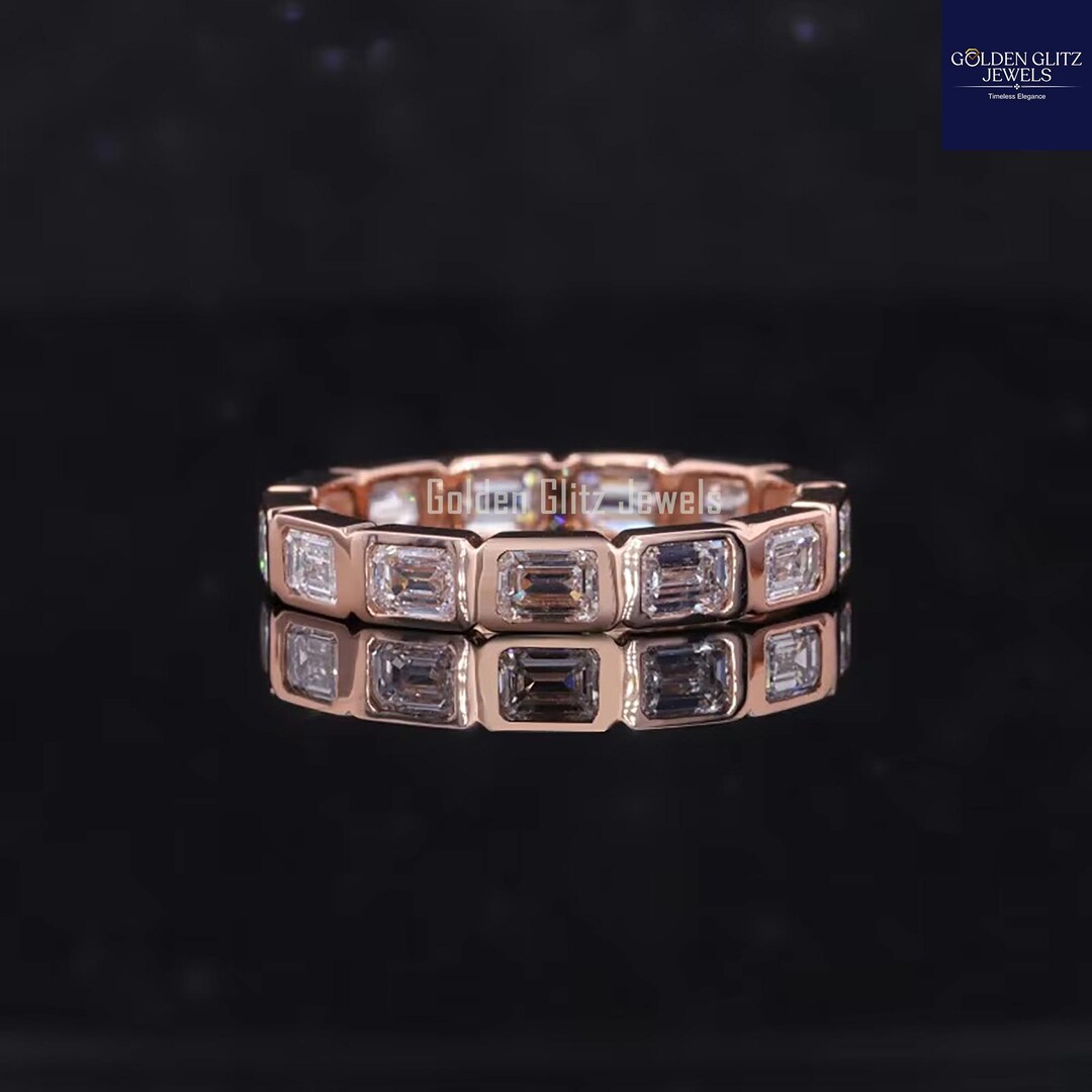 Emerald Cut Moissanite Wedding Band, 14K Gold Bezel Set Eternity Ring ...
