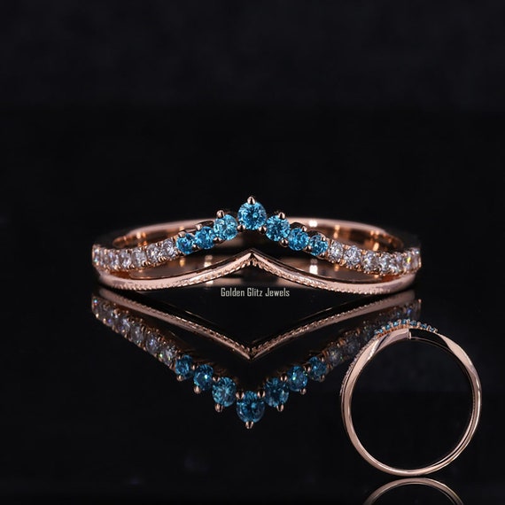 14k Gold V Sapphire Ring: Aqua Blue Moissanite Chevron Wedding