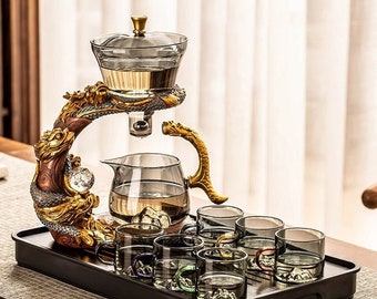 Gray Dragon Glass Automatic Tea Set | Magnetic Glass Semi-Automatic Tea Set | Kung Fu Tea Set | Glass Teapot Set | Housewarming Gift