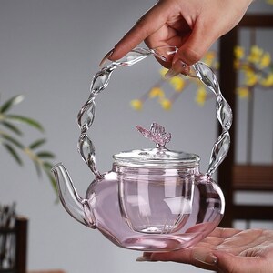 Hand Blown Pink Glass Teapot | Glass Teapot with Strainer Liner | Glass Handle | Heat Resistant Teapot | Mother's Day Gift