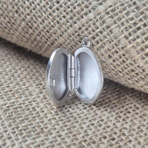 May include: A silver oval locket pendant with a hinged opening. The locket is open, revealing two empty compartments.