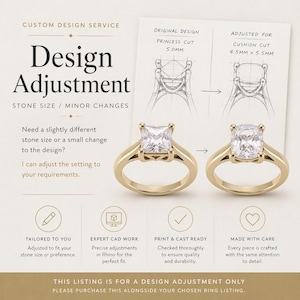 Könnte beinhalten: Zwei goldene Verlobungsringe mit Diamant-Mittelsteinen werden gezeigt, einer mit Prinzessschliff und der andere mit Kissenschliff. Das Bild enthält Text über Designanpassungen, Steingröße und kundenspezifische Designleistungen.