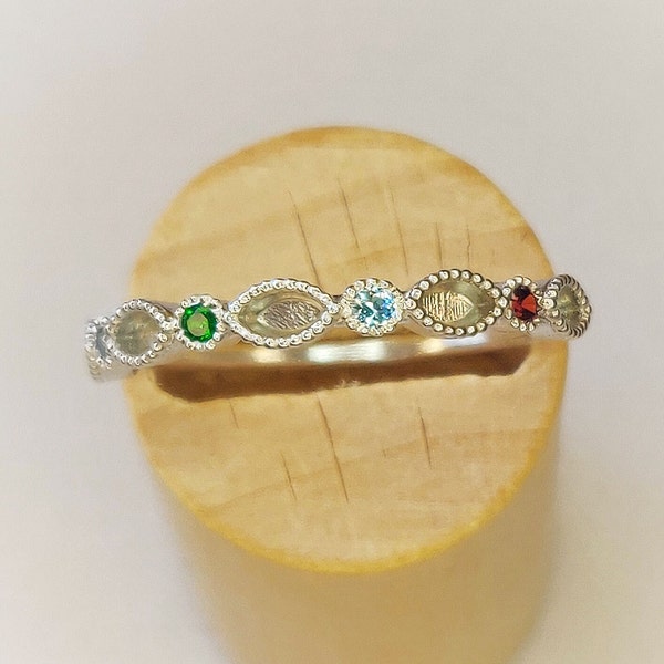 Marquise and birthstone minimalist eternity ring. Dainty Semi-Mount Argentium Sterling Silver stacking ring. Perfect for Breastmilk Jewelry.