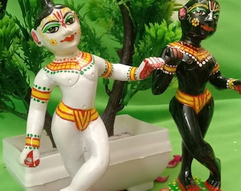 6inch krishna balram . black krishna with white balram solid super fine brass statue made in vrindavan , hare krishna , vrindavan , deity
