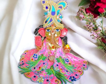 5inch ganesh bhagvan statue solid ashtdhatu murti from vrindavan dham , ganpati maharaj peetal deity , painted murti of ganesh god , hindu