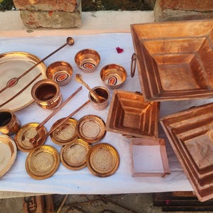 puur koperen agnihotra-kit, yagya, havan-kit verkrijgbaar in alle maten, van vrindavan, yajna-kit met fark, lepel, al het benodigde koper