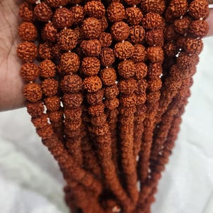 May include: A close-up of a strand of brown beads, likely made from Rudraksha seeds, a type of fruit commonly used in prayer beads.