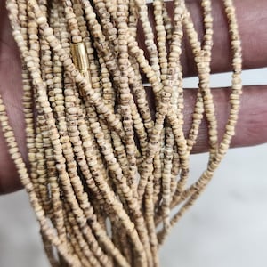 May include: A close-up of a long strand of natural beige seed beads. The beads are small and round, and they are strung together on a thin thread. The beads are arranged in a loose, flowing pattern.