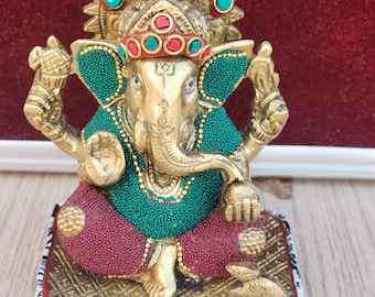 5inch/12cm ganesh bhagvan statue from vrindavan dham , ganpati maharaj peetal deity , painted murti of ganesh god , hindu god murti ,
