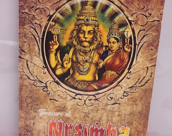 May include: A book cover with a vintage design featuring a colourful illustration of a deity with a lion's head. The title of the book is "Treasure of Nrsimha Prayers" and the publisher is "Golden Age Media".