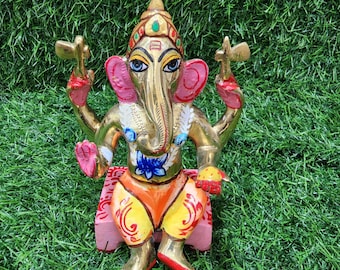 5inch/12cm ganesh bhagvan statue from vrindavan dham , ganpati maharaj peetal deity , painted murti of ganesh god , hindu god murti ,