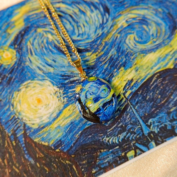 Handdrawn Artisan Designer Artistic Pendant Necklace - Miniature Painting on Baroque Freshwater Pearl with Works of Van Gogh La Nuit étoilée