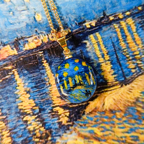 Handdrawn Designer Artistic Pendant Necklace - Miniature Painting on Baroque Freshwater Pearl Works Van Gogh La nuit étoilée sur le Rhône